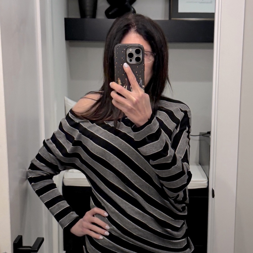 Price Firm. Bailey 44 Black and Gray Metallic Striped Top, Size Medium